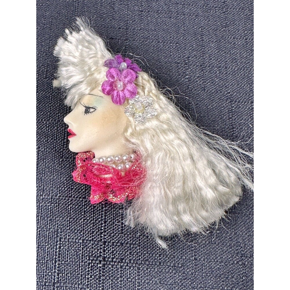 Vintage Lady Head Blonde Art Deco Style Mixed Media Jeweled Brooch Wearable Art